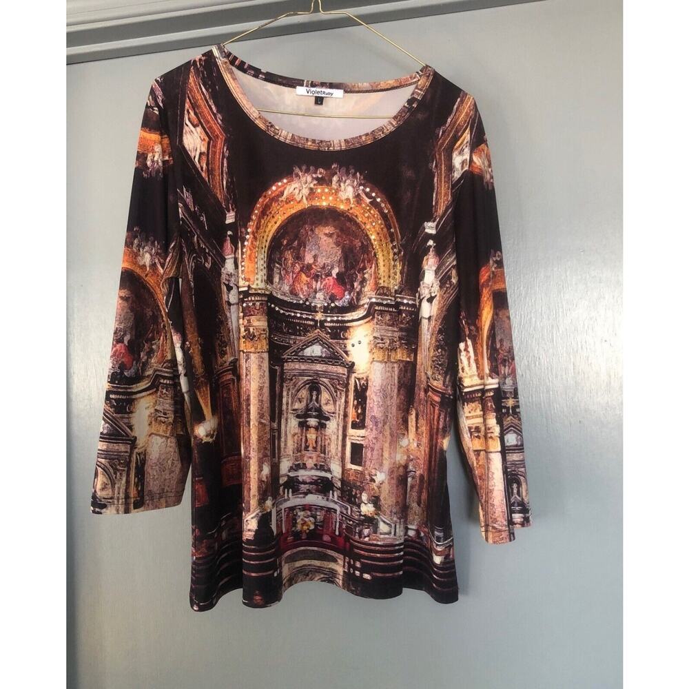 Violet Ruby size L rhinestones printed Scoop Neck 3/4 sleeve Top